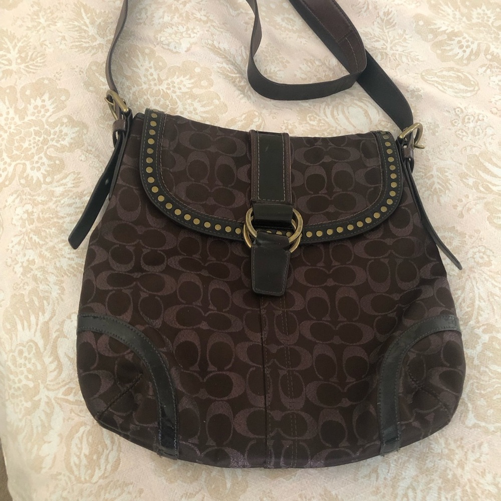 Coach Dark Brown Signature Crossbody Bag with Brass Accents